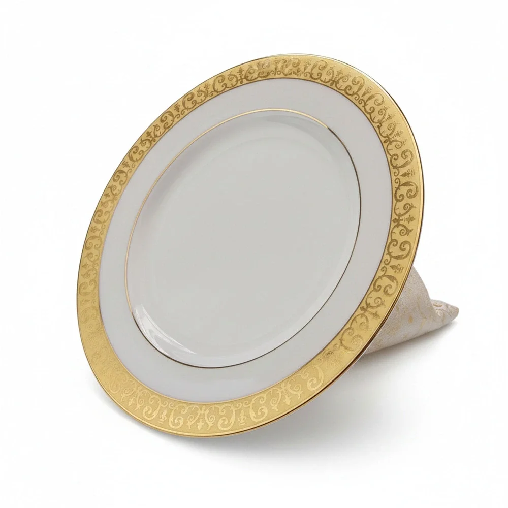 Royal Gallery Gold Salad Plate White Porcelain Gold Scroll Rim 1991 Sri Lanka